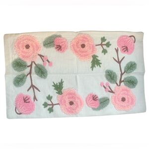 Embroidered Floral Accent Pillow Cover Rectangular Pink On Off White 11x19”